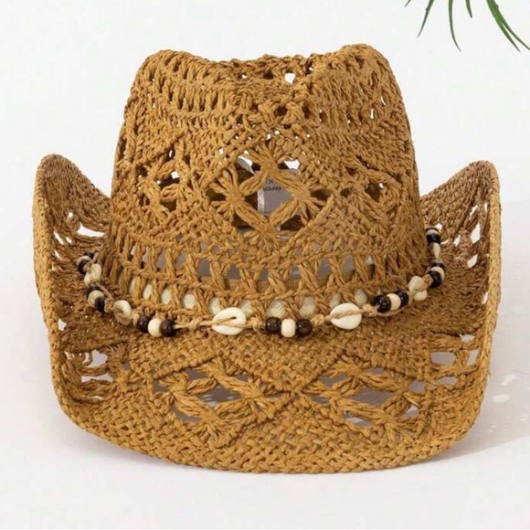 Brown Woven Straw Cowboy Hat with Beaded Trim - Picture 1 of 4